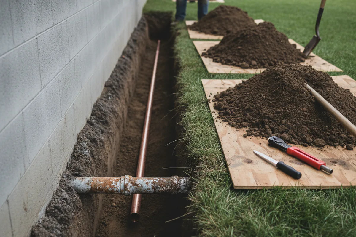 Excavated water line trench during Water Heater Repair in Wailuku
